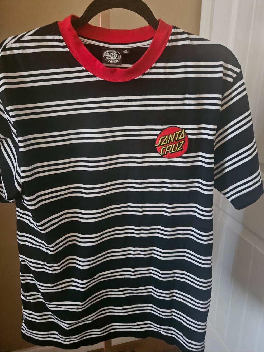 Santa Cruz Skateboards Black & White Striped Tee with Red Collar